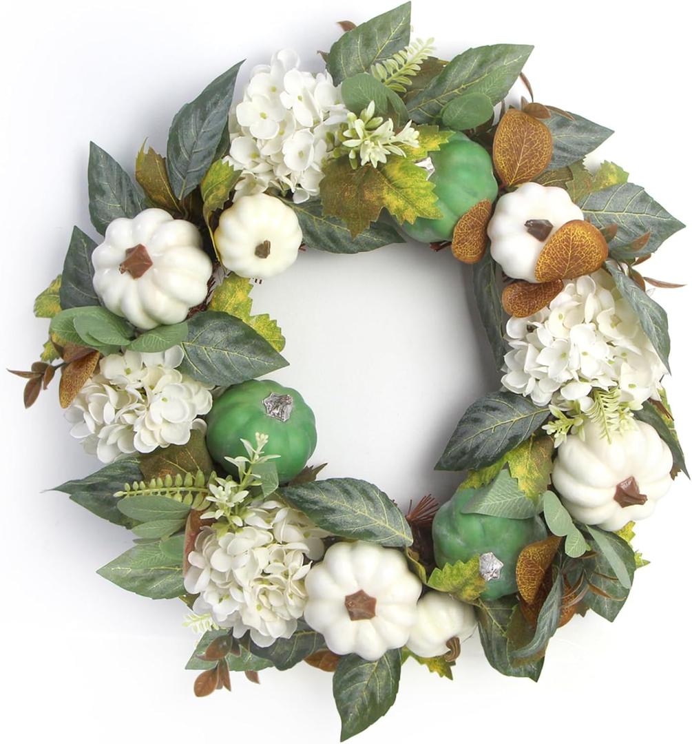 18 Inch Thanksgiving Wreaths for Front Door and Leaves Spring Door Wreath with Hydrangea and Maple, Christmas Artificial Floral Wreath for Porch, Window Farmhouse Party Holiday Home Decor (Green)