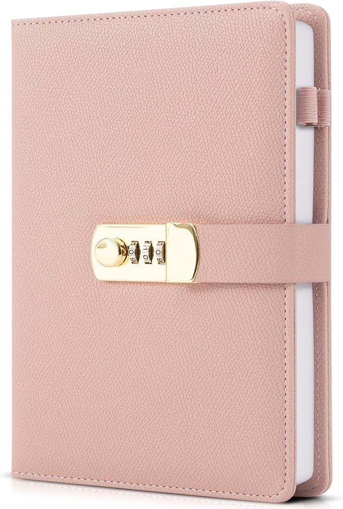 Aesthetic Diary with Lock - Beautiful Leather Journal with Easy to Change Code Lock & Refillable Pages - Quality 8.5x5.6” Planner for Women with Bookmark & Pen Holder to Protect Thoughts & Memories