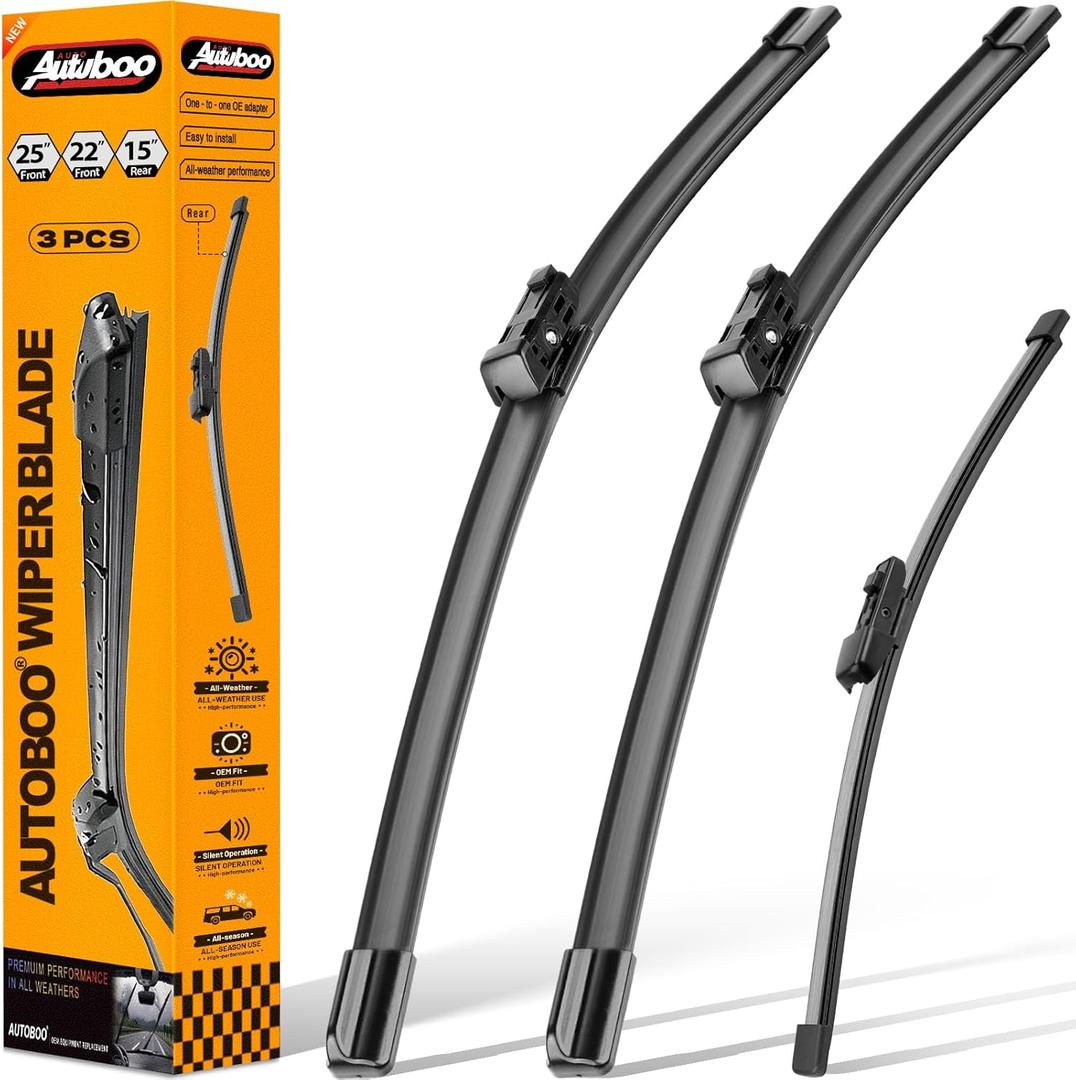 AUTOBOO 25"+22" Windshield Wipers with 15" Rear Wiper Blade Replacement for Volkswagen VW Tiguan 2018 2019 2020 2021 2022 2023 2024 2025 -Original Factory Quality (Pack of 3)