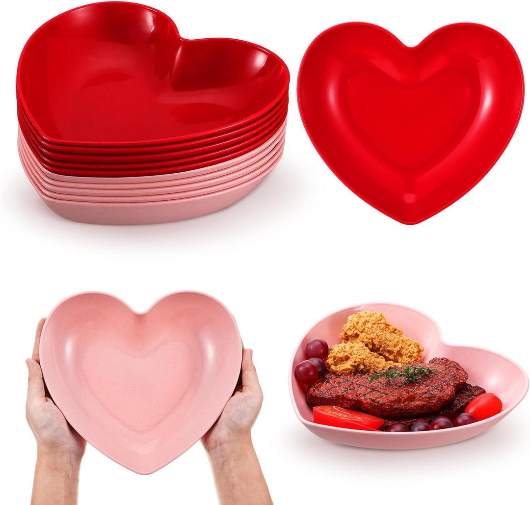 10 Pcs 8.5 Inch Heart Plates Valentine's Day Plates Plastic Heart Shaped Bowls Dessert Appetizer Salad Bowls for Valentine's Day Party Supplies (Red Pink)