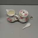 Ceramic Sugar and Creamer Set, 3 Piece Set with Cream Pitcher, Sugar Bowl, Sugar Set with Lid and Spoon (White with flower)