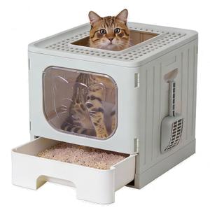 OLIXIS Cat Litter Box with Lid, Large Foldable Cat Box with Litter Scoop, Front Entry Top Exit Kitty Litter Box with Door, Easy Cleaning Drawer Design Odor Control, Grey