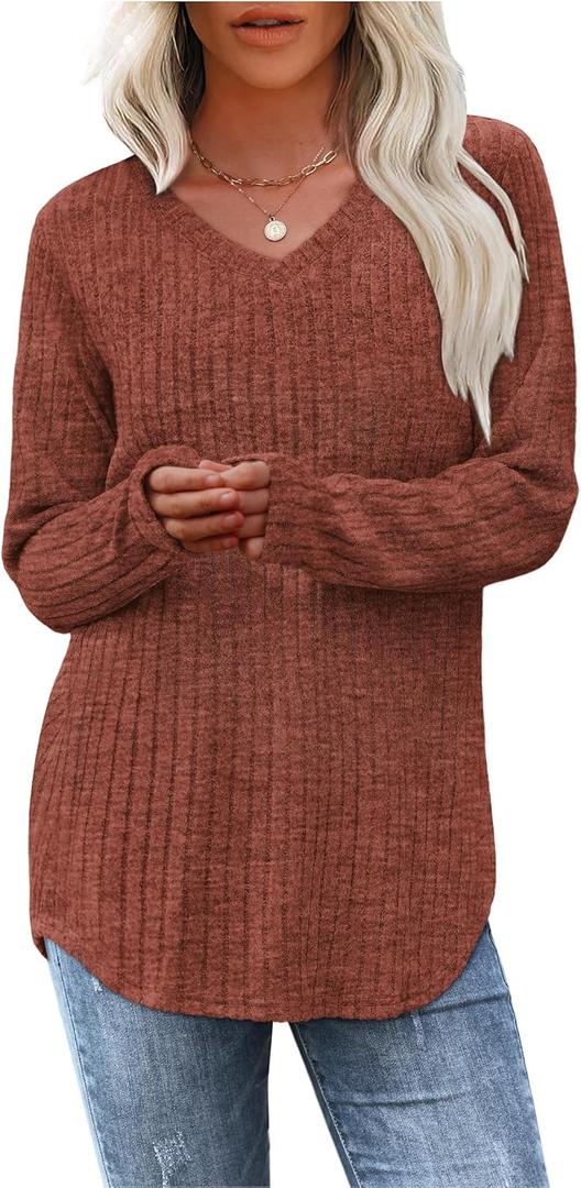 OFEEFAN Women's V Neck Long Sleeve Shirts Casual Fall Winter Tunic Tops Lightweight Sweaters, Caramel Orange, Size S