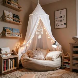 LOAOL Bed Canopy with Pom Pom Cotton Canopy for Kids Crib Baby Girl Netting Cover Canopy Crib Curtain Reading Nook Hanging Tent Nursery Play Game Castle Room Decoration (White)