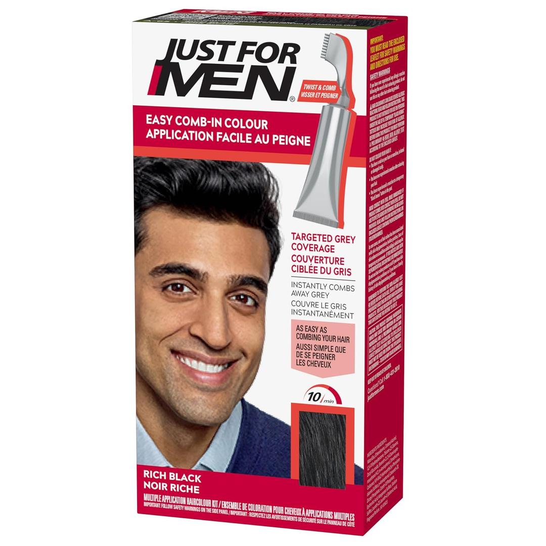 Just For Men Easy Comb-In Color Men's Hair Dye, Easy No Mix Application with Comb Applicator - Rich Black, A-65, Pack of 1