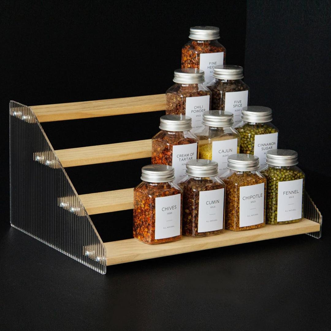 nianfeng Tiered Spice Rack, 4-Tier Spice Pantry Kitchen Cabinet Organizer, 12-Inch, Natural Wood Acrylic Stair Riser Stand, Countertop Seasoning Shelf (4 Tier 12'')