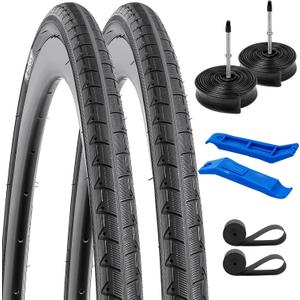 2-PCS 700C Road Bike Tires 700x28C/28-622 28x1 5/8x1 1/8 and 700C Heavy Duty Bike Tubes Presta Valve with 2 Rim Strips Compatible with 700x26C 700 x 28C 700x30C Bike Bicycle Tires and Tubes (700x28C-Black)