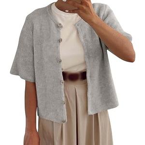 Women Knitted Crop Cardigan Shirt Cropped Cardigan Short Sleeve Sweater for Women Cropped Cardigan for Women, M, Gray