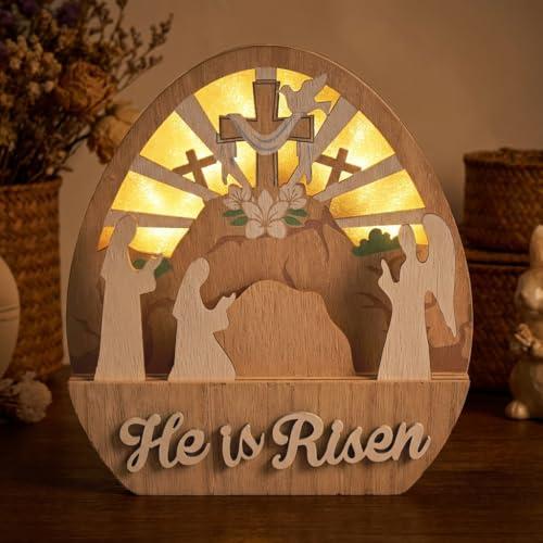 Valery Madelyn Easter Decorations with LED Light, Lighted Empty Tomb Scene and Cross Decoration, Wooden Christian Easter Decor Resurrection Scene for Home Table Shelf, 8.0 inch