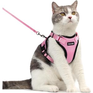 Dooradar Cat Harness and Leash Set, Escape Proof Safe Adjustable Kitten Vest Harnesses for Walking, Easy Control Soft Breathable Mesh Jacket with Reflective Strips for Cats, Pink, Medium