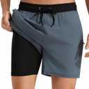 Mens Swim Trunks with Compression Liner Quick Dry Beach Shorts with Zipper Pockets