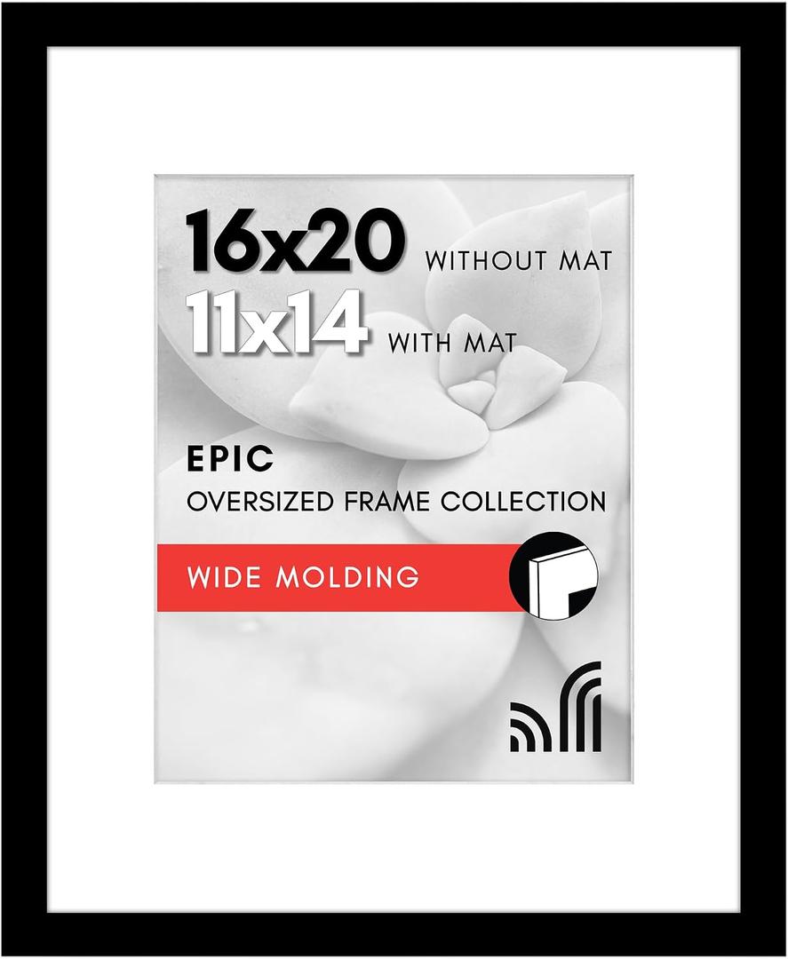 Americanflat 16x20 Picture Frame with Polished Plexiglass - Use as 11x14 Frame with Mat or Display 16x20 Photo Without Mat - Epic Collection - Wide Picture Frames for Wall Display - Black