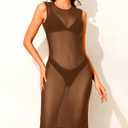 Pinup Fashion Mesh Swimsuit Cover Up Sexy Sheer Swim Coverup Women See Through Dress (Brown, S)