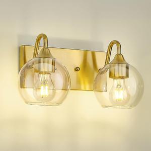 Emak Modern Brushed Gold Bathroom Light Fixtures, 2-Light Bathroom Vanity Light with Clear Glass Shade, Globe Vanity Lights for Bath, Mirror, Makeup Desk, VL118-BGD-CG-2