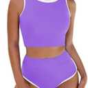 Pink Queen High Waisted Bikini Women 2 Piece Top Sporty Bathing Suit Size Small, Purple