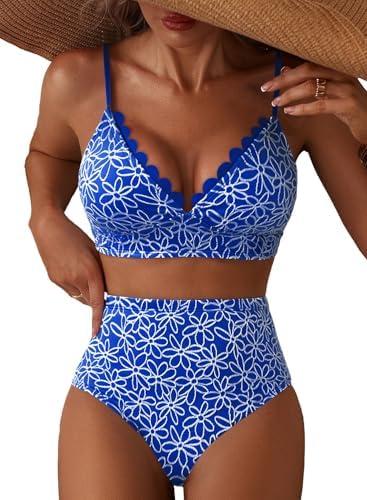 Herseas Women's Embroidered Flowers Bikini Sets Scalloped V Neck Swimsuits High Waisted Bathing Suits, S Size