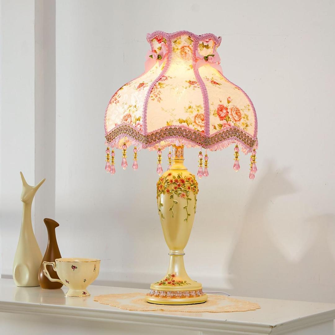 Retisee Victorian Flower Table Lamp Floral Coquette Lamp with Vintage Lace Placemat Fabric Lampshade Beaded Fringe Antique Lovely Decorative Bedside Night Light for Bedroom Nightstand(Pink Victorian)