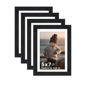 KINLINK 5x7 Picture Frame Black Wood Set of 4, Wooden Photo Frame Matted 4x6 with Plexiglass for 4x6 with Mat or 5x7 without Mat for Table and Wall Display