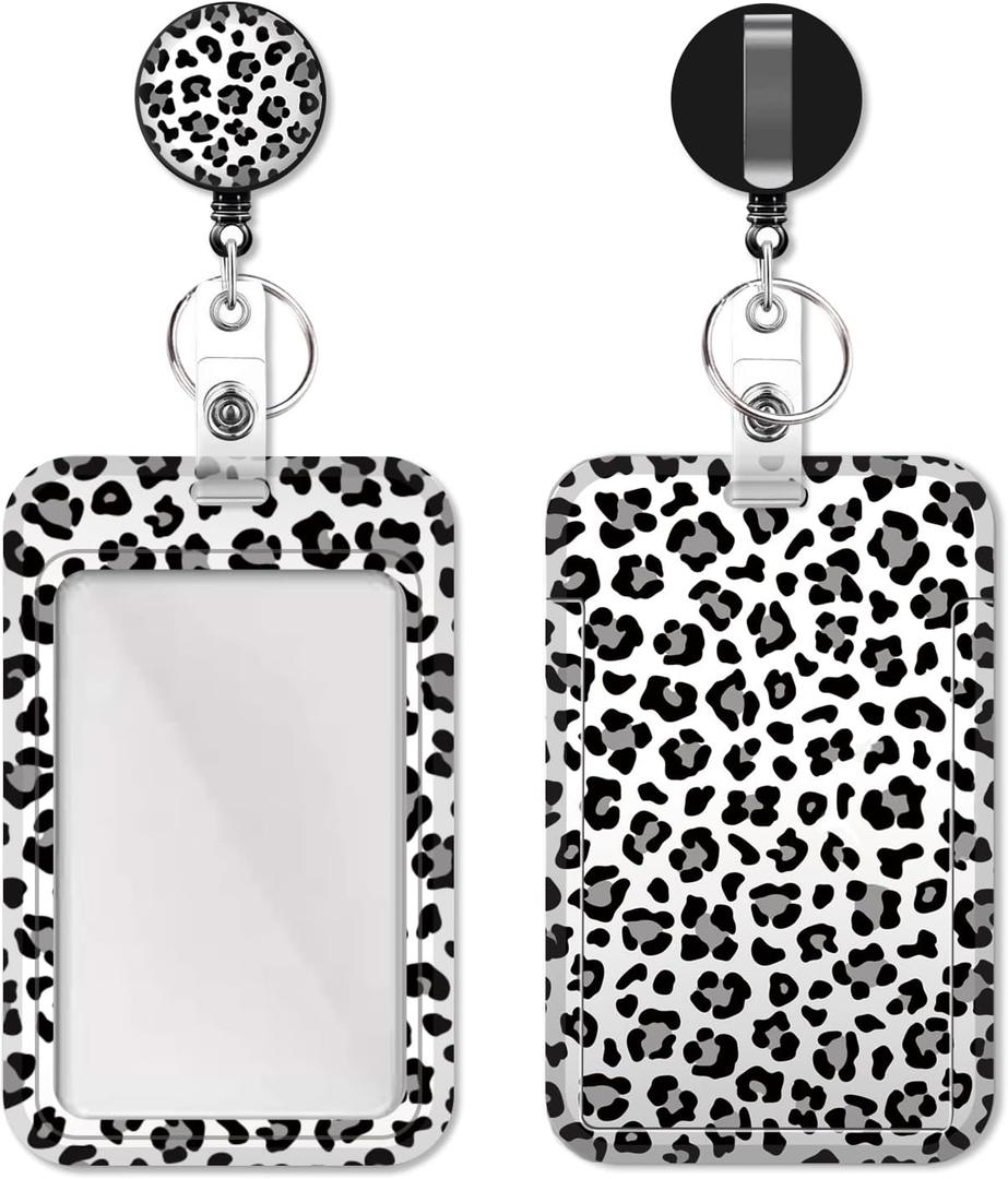 Retractable Badge Holder with Carabiner Reel Clip and Keychain, Multiple Pattern Options, Cute and Fashionable (Snow Leopard)