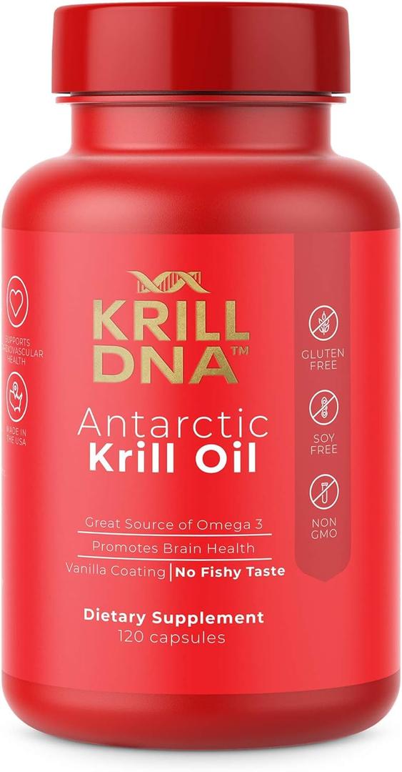 Antarctic Krill Oil by KrillDNA | 1000 mg with Astaxanthin, Omega 3, DHA, EPA, and Phospholipids | Vanilla Coating, No Smell, No Fishy Taste | (120 softgels-60 Servings)