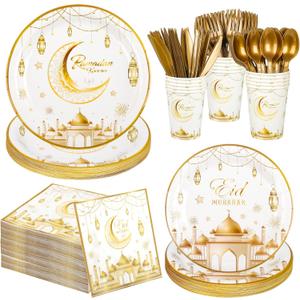 168Pcs Ramadan Eid Mubarak Party Supplies Tableware Set Eid Mubarak Plates and Napkins White Gold Party Plates For Ramadan Party Decorations, Serve 24 Guest (Gold)