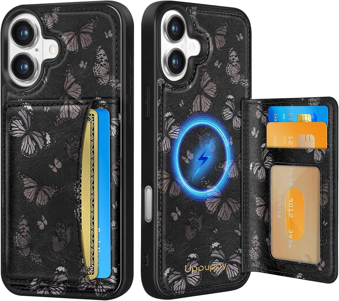 Uppuppy for iPhone 16 Wallet Case - Fits 4 Card Slots, Compatible with MagSafe for Women Aesthetic Durable PU Leather Credit Card Holder Kickstand Phone Cover for Apple 16, Black Butterfly