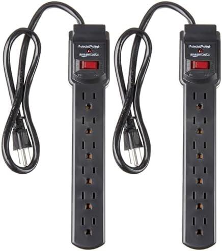 Amazon Basics Surge Protector Power Strip, 6-Outlet with 200J Protection, 2ft Extension Cord, Rectangle, Black (2 Pack)