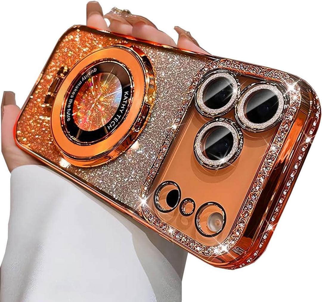 Magnetic Case for iPhone 17 Pro Max [Compatible with MagSafe] Ring Holder Stand, Women Girls Clear Cute Glitter Bling Cover Diamond with Camera Protectors Cover for 6.9", Orange