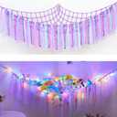 Stuffed Animal Net Stuffed Animal Storage Hammock with LED Lights Colorful Tassels Hammock Hanging Stuffed Toy Storage Organizer Holder for Nursery Play Room Kids Bedroom(Purple)