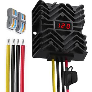 24VDC to 12VDC Buck Converter Waterproof Step-Down Power Supply with LED Display MCU Security Chip Inline Fuse Terminal Blocks 16AWG Cable for Marine Solar RV