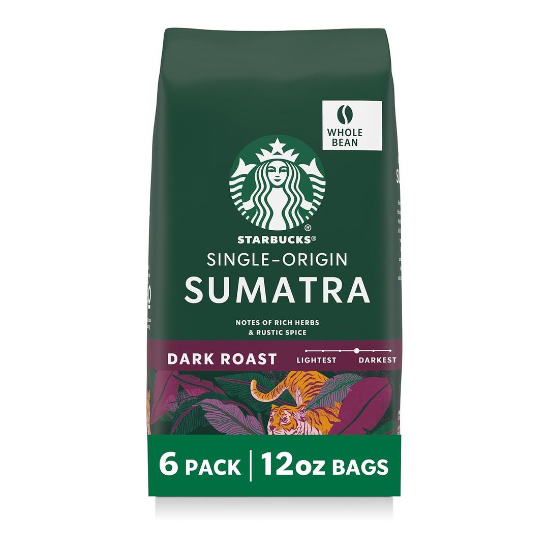 Starbucks Whole Coffee Beans, Dark Roast Hot or Iced Coffee, Single-Origin Sumatra, Six 12 oz Bags (EXP 06/24/26)