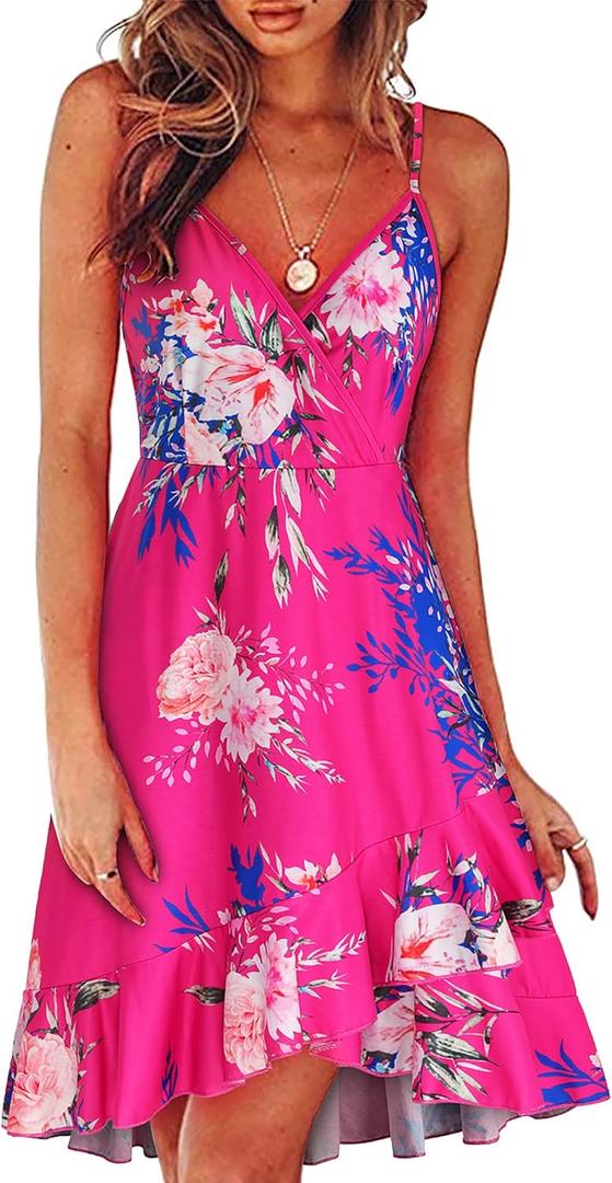 ULTRANICE Womens Summer Dresses Floral V Neck Ruffled Hem Spaghetti Spring Casual Beach Outfits Flowy Wrap Sun Dress (Medium, Rose Red Pink Blue Floral)