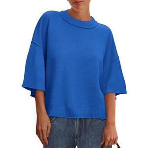 BTFBM Womens Short Sleeve Tops 2025 Summer Casual Crew Neck Oversized Sweater Solid Color Ribbed Knit T Shirts (Blue, M)