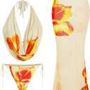 ZAFUL Women's 3 Piece Floral Swimsuit Draped Neck Halter Bikini Tie Side Bathing Suit with Sheer Cover Up Skirt (Beige, L)