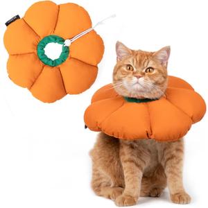  Cat Cone Collar, Cute Waterproof Recovery Collar, Anti-Bite Lick Wound Healing Safety Elizabethan e Collar for Cats, Orange Pumpkin Cat Halloween Costume