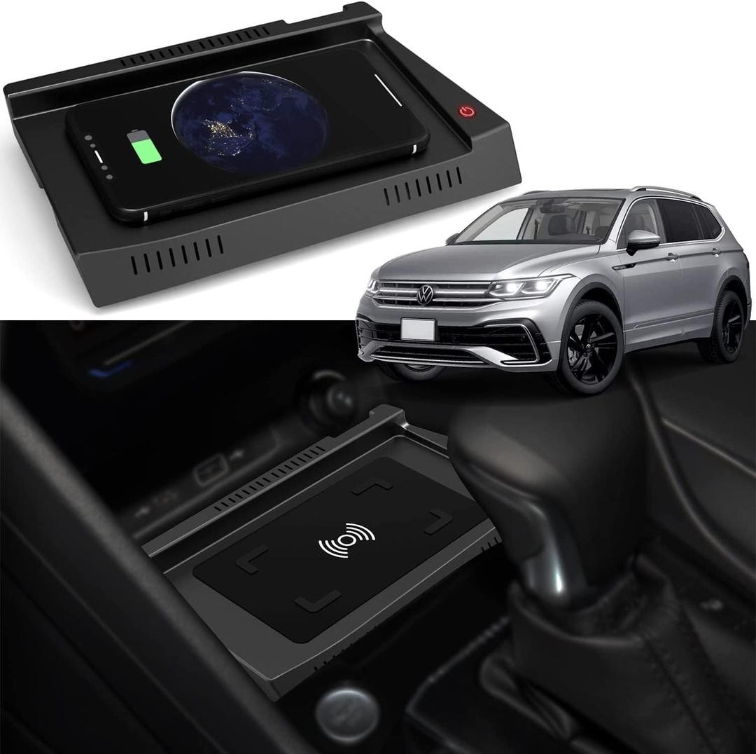 Wireless Car Charger for VW Tiguan 2022 2021 2020 2019 2018, 15W Fast Charging Phone Charger Pad Center Console Accessory with QC3.0 USB Port for iPhone 12/13/13 Pro Galaxy S22/S21
