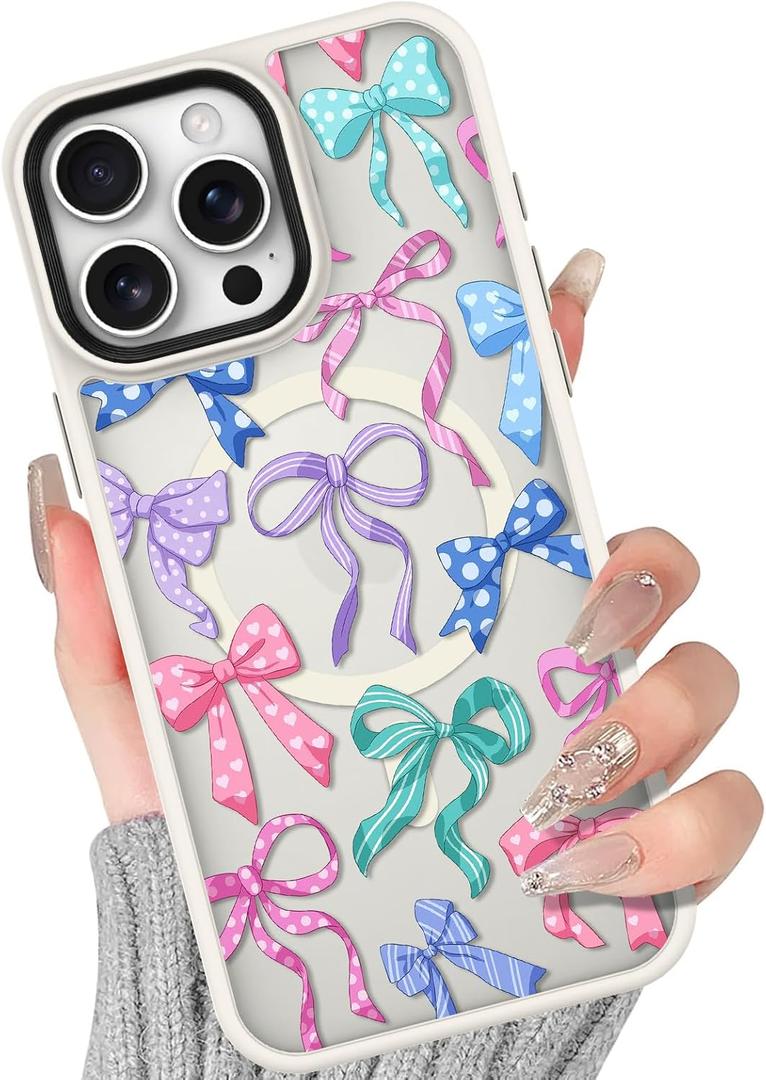 BITOBE Case for iPhone 16 Pro [Compatible with MagSafe] Cute Ribbon Bow Pattern for Women Girls Soft TPU Bumper Translucent Magnetic Slim Protective Cover - Bows