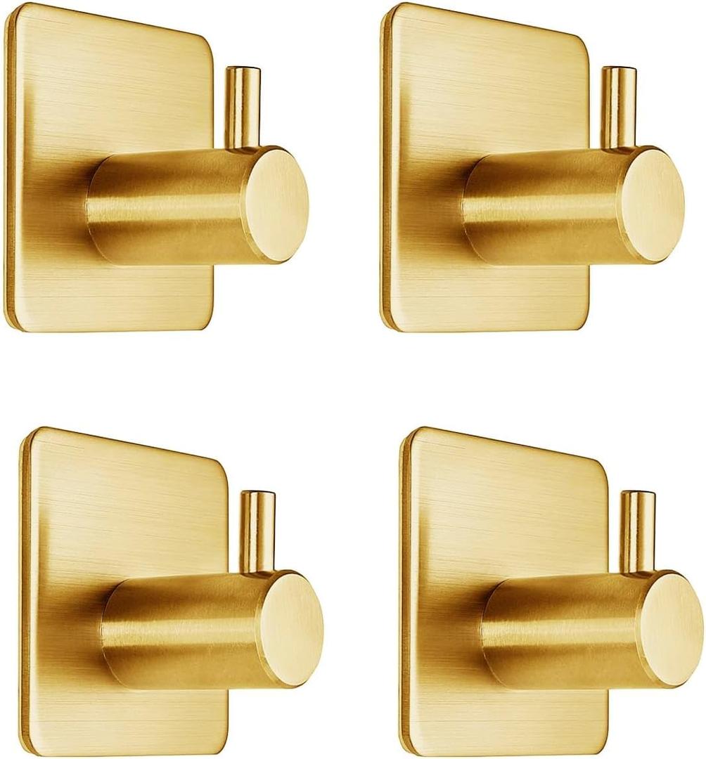 Gold Adhesive Hooks 15LB (Max), Non Tarnish Sticky Hooks for Hanging Towels, Coat, Backpack, Purse, Hat, Key, Self-Adhesive Towel Holder for Shower Closet Bathroom-4 Packs