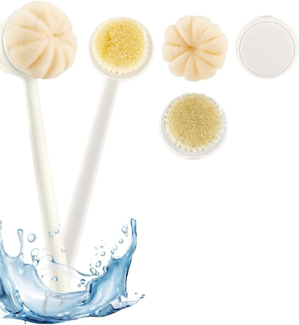 NOVER 3 in1 Long Handle Shower Sponge Brush Set,Body Brush,Leg Brush,Bath Sponge,Back Scrubber- Exfoliating Brush with Loofah & Massage Bristles - Deep Cleanse, Improve Circulation & for Men & Women