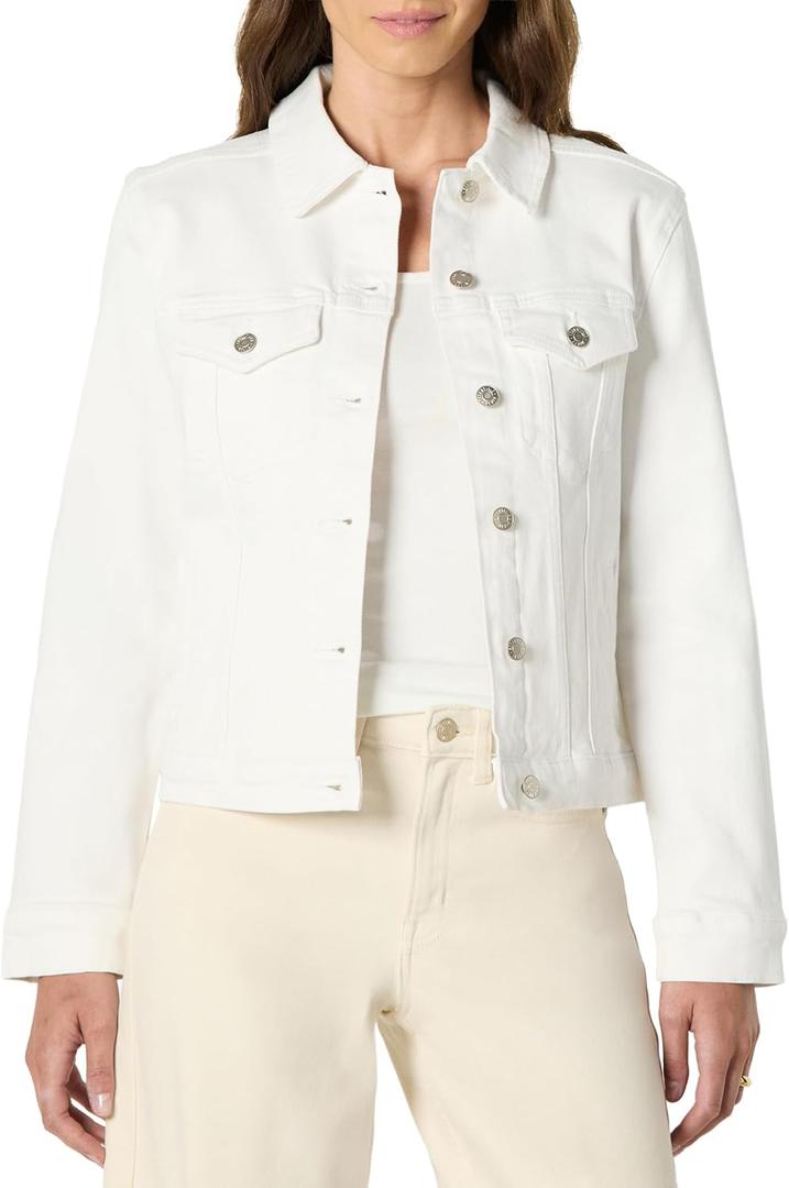 Amazon Essentials Women's Regular-Fit Low Stretch Denim Button-Front Trucker Jacket, White, Small