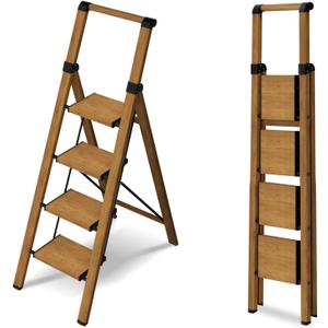 4 Step Ladder,Lightweight Folding Step Stool with Aluminum Wide Pedal& Convenient Handgrip,330lbs Capacity Steel Ladder for Household and Office(Woodgrain)