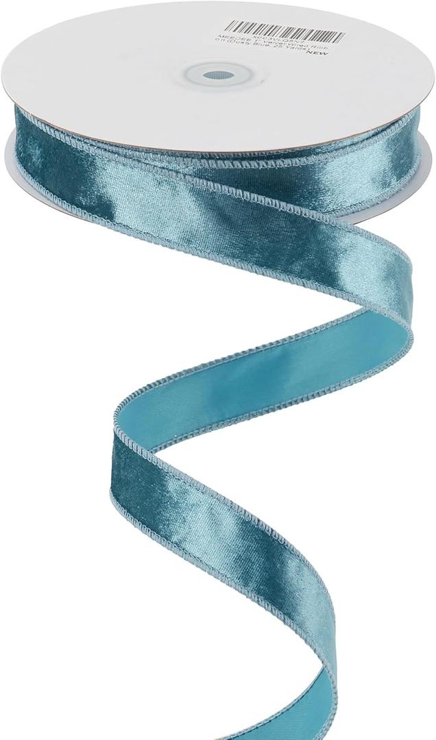 MEEDEE Dusty Blue & French Blue Velvet Ribbon - 1 Inch Wired Ribbon, 25 Yards, Christmas Tree, Wreaths & Bows