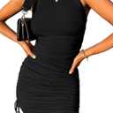 Wenrine Womens Ruched Bodycon Mini Dress Sleeveless Crewneck Drawstring Party Club Dress (X-Small, Z-crewneck-hs)