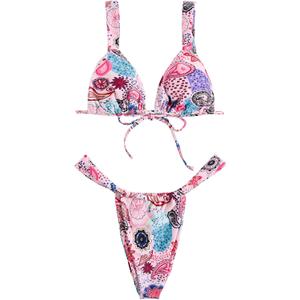 Women's High Waisted Bikini Set Floral Print Spaghetti Strap Smocked Wireless Bathing Suit Swimsuit 2 Piece Set (Large)