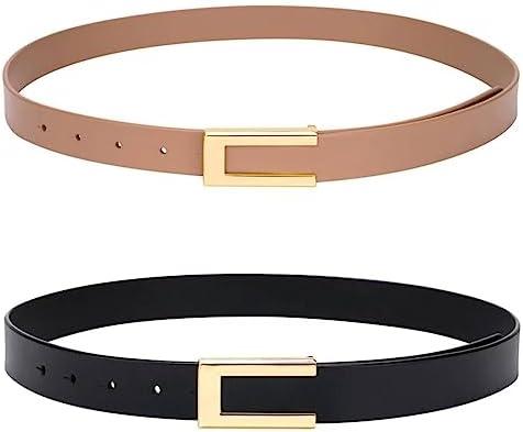 YooAi Womens Leather Belt Skinny Waist Belt for Dresses Jeans Pants with Gold Buckle, 2 Pieces, (Black, Brown)