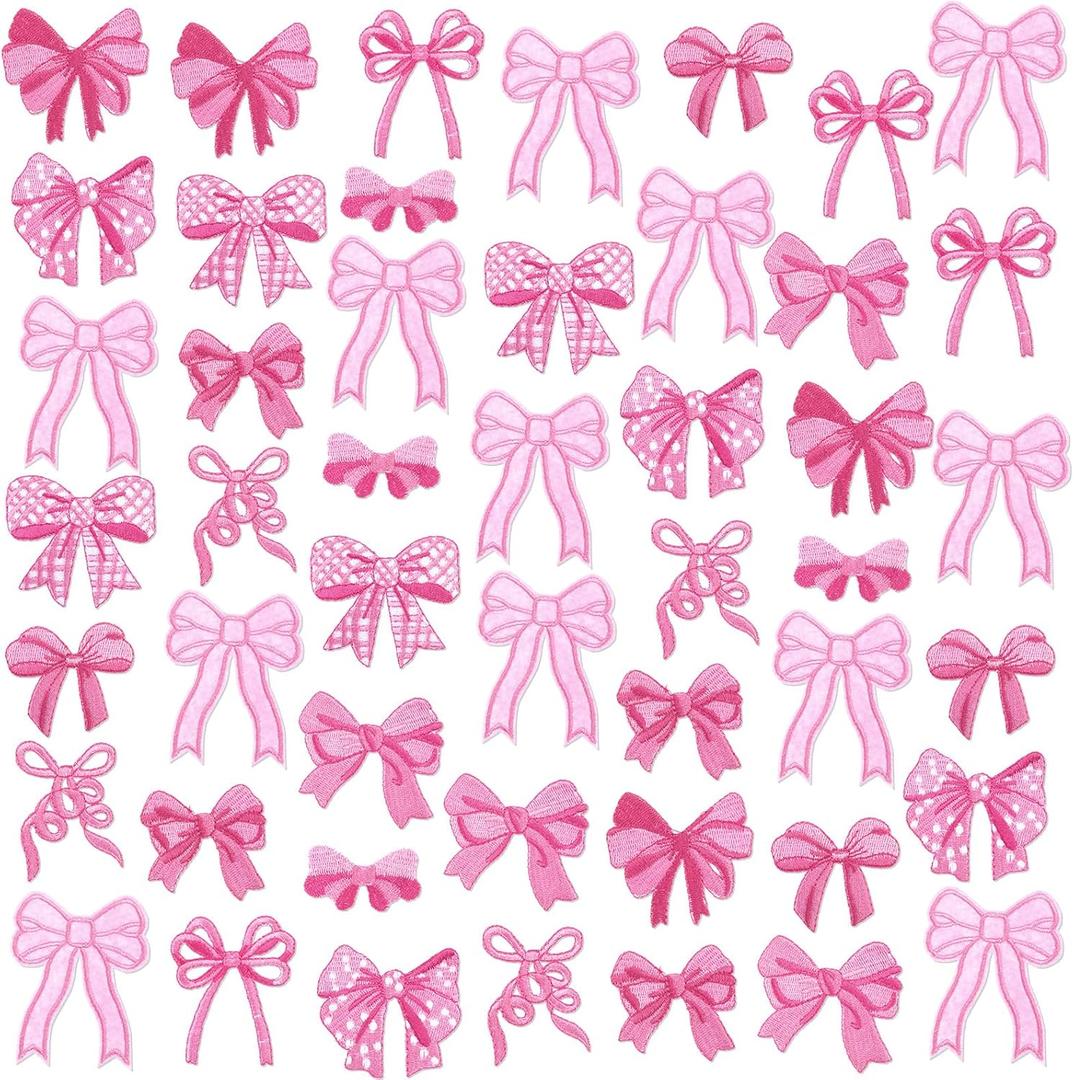 48 Pcs Pink Bow Iron on Patches Cute Buffalo Plaid Polka Dot Ribbon Bowknot Sew on Repair Embroidered Applique Coquette Bow Girly Aesthetic DIY Crafts Gift for Women Clothing Backpack Hat