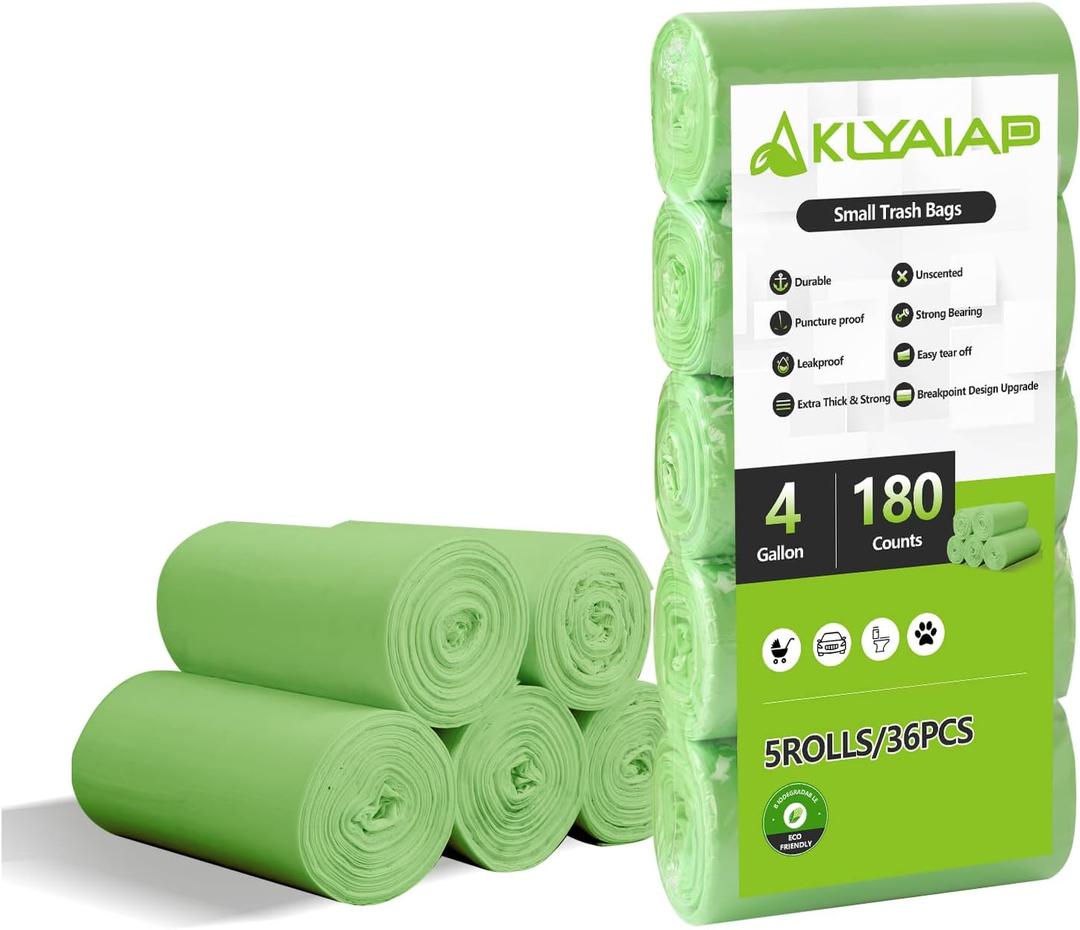 4 Gallon Biodegradable Bag, 180 Unscented Bathroom & Kitchen Garbage Bags - Tear & Leak Resistant, Green
