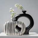 Donut Vases Set of 2,Black & White Striped Hollow Ceramic Flower Vases, Modern Nordic Minimalist Round Decorative Vase for Pampas Grass, Dried Flowers, Living Room, Table Centerpiece & Home Decor