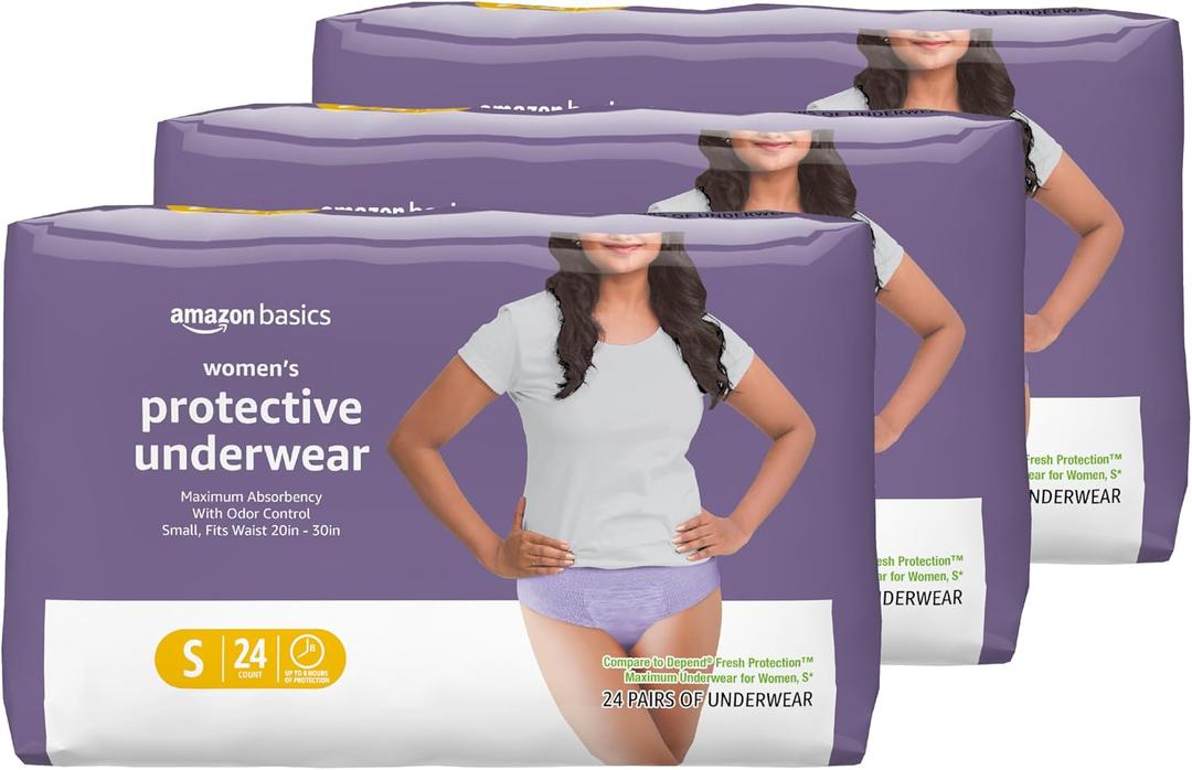 Amazon Basics Incontinence Underwear for Women, Disposable, Postpartum, Maximum Absorbency, Bladder Leak Protection, Odor Control, Comfortable Fit, Small, Lavender, 72 Count (3 Packs of 24)