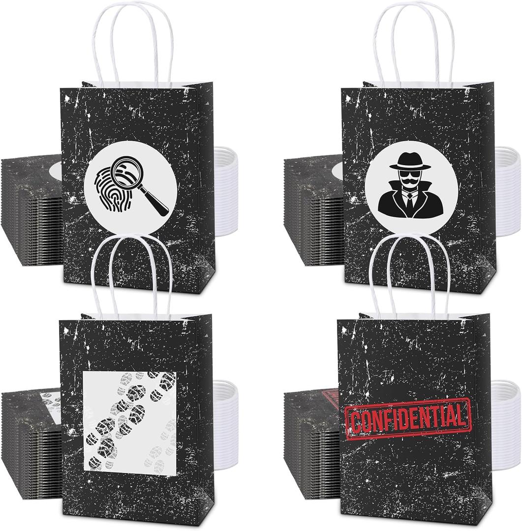 Fulmoon 48 Pcs Top Secret Spy Party Favor Gift Bags 8.3 x 5.9 x 3.1 Inch Paper Detective Candy Bags with Handle Goodie Treat Bag for Murder Party Decorations Escape Room Supplies